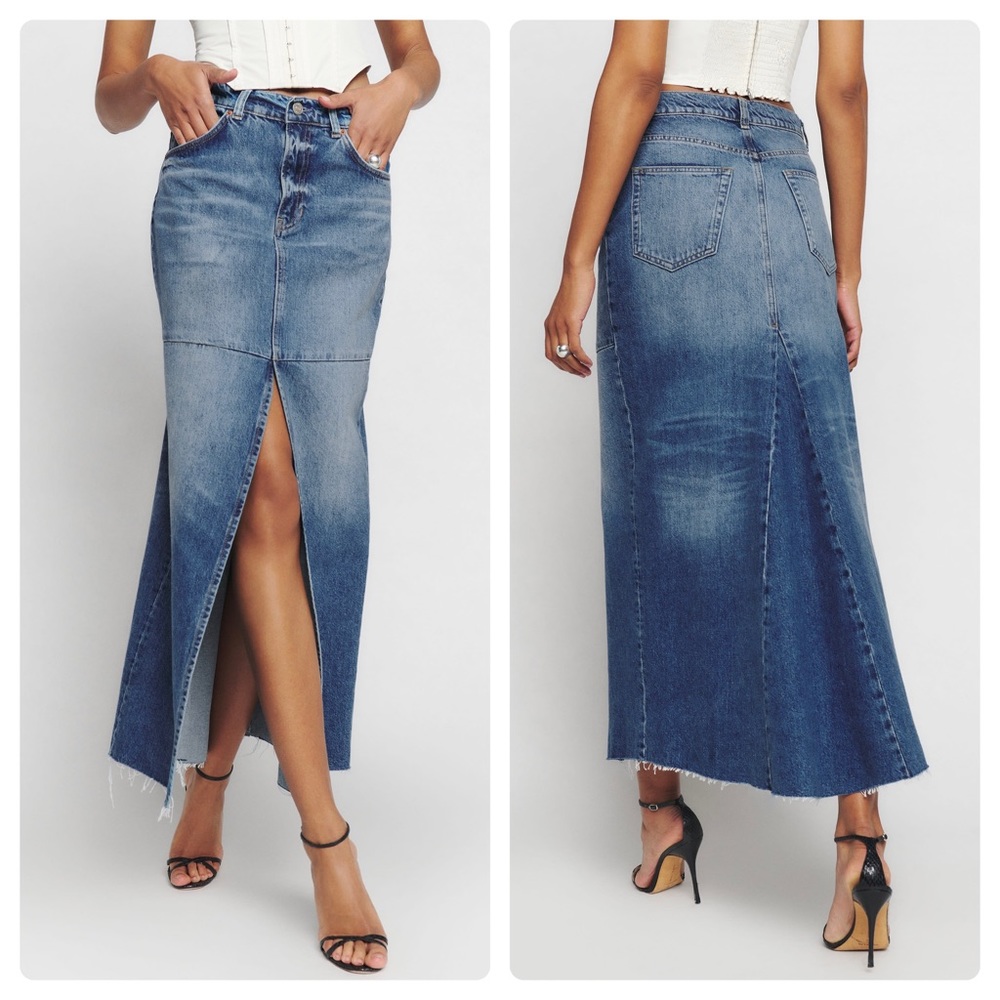 Reformation Tazz Maxi Denim Skirt Raw Hem Front Slit In Hemlock Blue Size 31